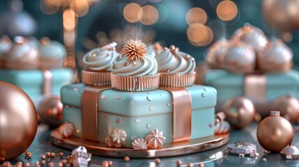Elegant Turquoise and Copper Themed Cake and Cupcakes for Luxury Festive Celebration. - 796988541