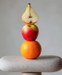 tasty and healthy fresh fruits balancing on each other, orange, apple and pear full of vitamins and antioxidants