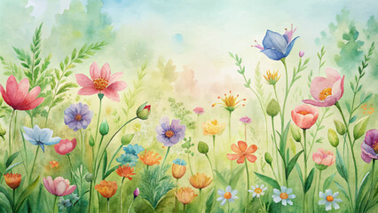 Watercolor background of blooming wildflowers