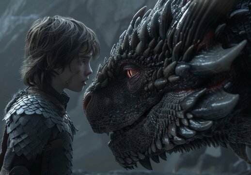 Young warrior in armor facing a large mythical dragon