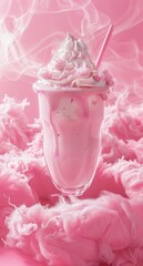Delicious pink milkshake in a dreamy smoke-filled setting