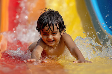 Cute little boy sliding in the water park
