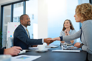 Business people, lawyers or shaking hands in meeting for deal, b2b collaboration or teamwork in office. Handshake, partnership or attorneys in corporate agreement for negotiation, merger or hiring - obrazy, fototapety, plakaty