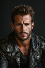 Handsome man in leather jacket posing against dark background