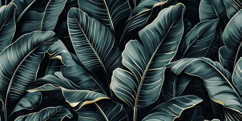 tropical flowers exotic green banana leaves and palm leaves seamless pattern, hand-drawn style fabric vintage 3D illustration, glamorous night dark background design luxury wallpaper