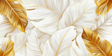 tropical flowers exotic premium golden palm banana leaves seamless pattern, hand-drawn style fabric vintage 3D illustration, glamorous digital art light background design luxury fashion fabric, clothe