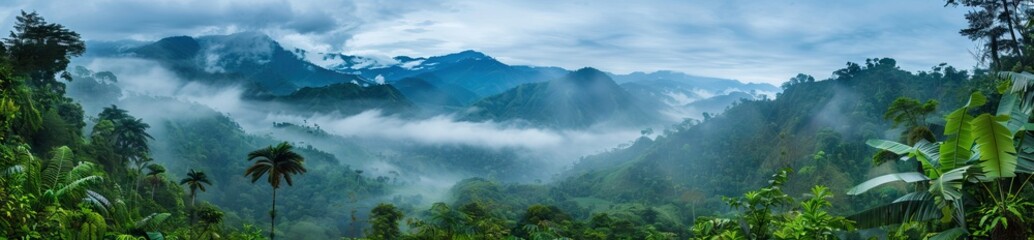 drone shot aerial view top angle panoramic photograph of steep deep valley canyon rainforest mountains peaks dense jungle. AI generated illustration