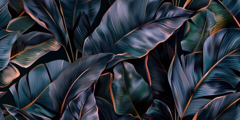 tropical flowers exotic dark moody green banana leaves and palm leaves seamless pattern, hand-drawn style fabric vintage 3D illustration, glamorous night dark background design luxury wallpaper - obrazy, fototapety, plakaty