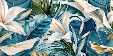 tropical exotic illustration blue leaves seamless pattern, hand-drawn style fabric vintage glamorous digital art background design luxury fashion fabric, clothes, wallpaper