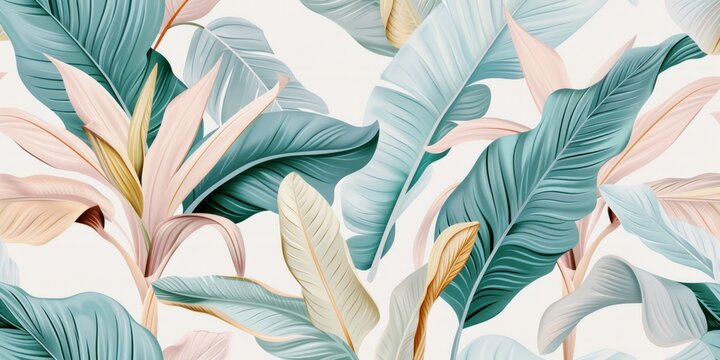 Fototapeta tropical flowers exotic pastel color banana leaves and palm leaves seamless pattern, hand-drawn style fabric vintage 3D illustration, glamorous light background design luxury wallpaper