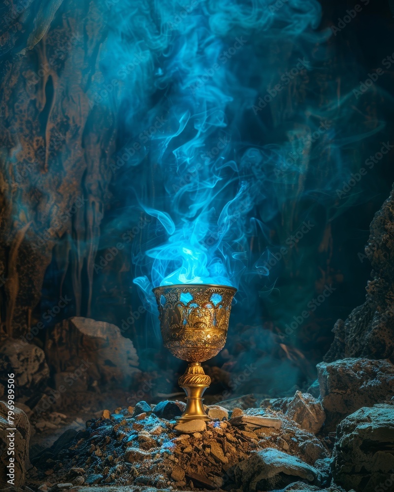 Wall mural mystical blue flame emanating from an ornate golden chalice in a dark cave