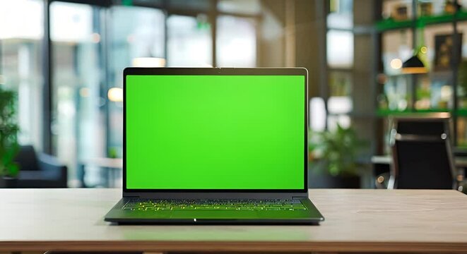 Laptop display with green screen background on office desk, people attending business meeting. Isolated mockup template with blank chroma key and copy space on computer screen. Close up. 