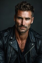 Fototapeta premium Handsome man in leather jacket posing against dark background