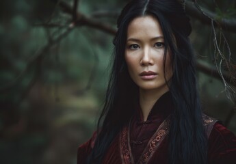 Serene Woman in Traditional Attire Posing in a Forest