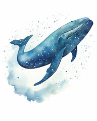 Enchanting watercolor painting of a blue whale soaring through a star-speckled sea