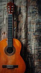 Acoustic guitar leaning against a rustic wooden background