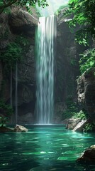 Serene Waterfall in a Lush Green Forest