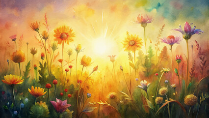 Watercolor background of wild flowers in the sunlight