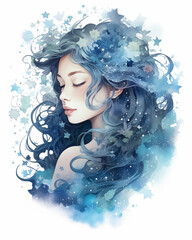  Ethereal blue-toned watercolor portrait of a serene woman surrounded by stars and swirls