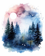 Mystical Watercolor Forest Under Starry Night Sky, Dreamy Nature Landscape