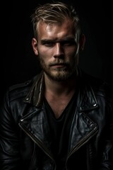 Obraz premium Portrait of a serious young man in a leather jacket against a dark background