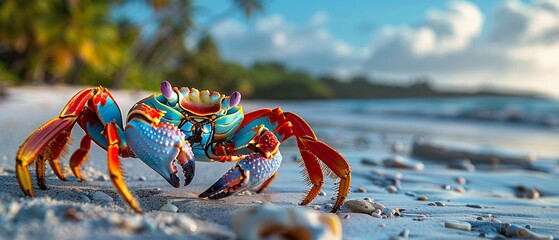 Colorful crab on a tropical beach - obrazy, fototapety, plakaty