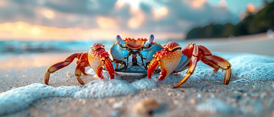 Colorful crab on a tropical beach - obrazy, fototapety, plakaty