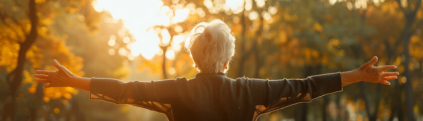 whitehaired elderly person exercising in the park early in the morning