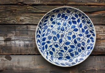 Traditional blue and white ceramic plate on rustic wooden background