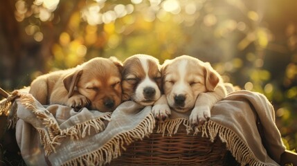 Cute puppy dogs sleeping in basket in outdoor park with warm sunlight. - Powered by Adobe