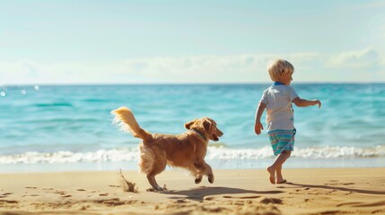 Dog play with little child at sandy beach with sea