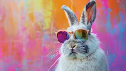 Fototapeta premium Cool bunny with sunglasses on colorful background