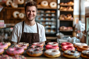 Happy donut shop owner proud of successful small business with passion for baking. Concept Small Business Success, Baking Passion, Donut Shop Owner, Proud Entrepreneur, Happy Business Owner