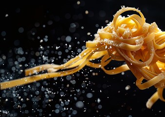 Falling Animated Pasta Closeup With Flour and Bokeh on a Black Background