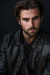 Obraz premium Handsome young man in leather jacket posing against dark background