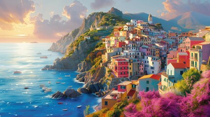 Sunrise Serenity: Mediterranean Cliffside Village, generative ai