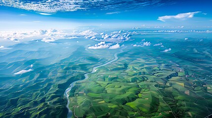 From above, an awe-inspiring landscape unfolds, captured from an airplane. A mesmerizing blue sky stretches above lush green fields, meandering rivers, and towering mountains. This vista beckons one t