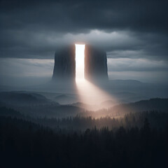 A mystical landscape featuring a towering monolith illuminated by a beam of light piercing through the foggy forest, evoking a sense of mystery and enchantment.