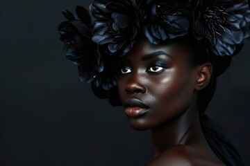 beautiful african diverse  female model with dark flowers wreath posing on black background for fashion photoshoot, beauty portrait