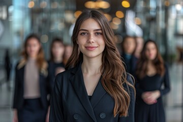 Obraz premium Confident young businesswoman with team in background