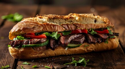 Delicious gourmet steak sandwich on a rustic wooden table