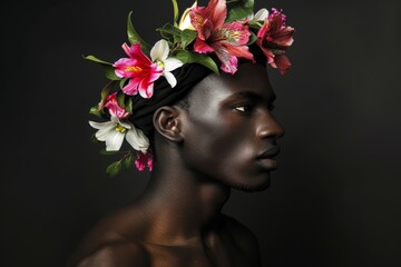 beautiful african diverse guy, male model with colorful exotic flowers wreath posing on black background for fashion photoshoot. beauty portrait of a man