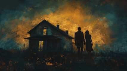 a couple standing outside a house with depressing colors