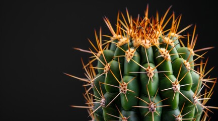 Close-up of a vibrant green cactus with sharp spines against a dark background