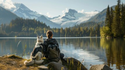 Portrait of a Husky dog with a hiker rest at lake with snow mountain in outdoor park
