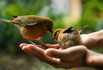 A pair of hands releasing the bird from hand - obrazy, fototapety, plakaty