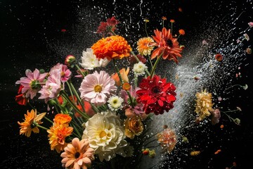 colorful vibrant summer flowers bouquet explosion on black background high speed photo