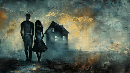 a couple stands in front of a distant depressing house, uncertainty about their future