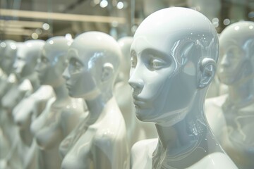 Obraz premium faces of white mannequins with neon orange color. AI - human relationship. Robot head. The uncanny valley scientific effect illustration. 