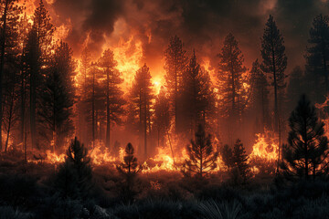 Raging Forest Fire Engulfs Pine Forest at Night